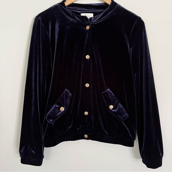 Anthropologie Nümph Navy Velvet Bomber Jacket with Gold Snaps, Size S NWOT - Picture 1 of 12